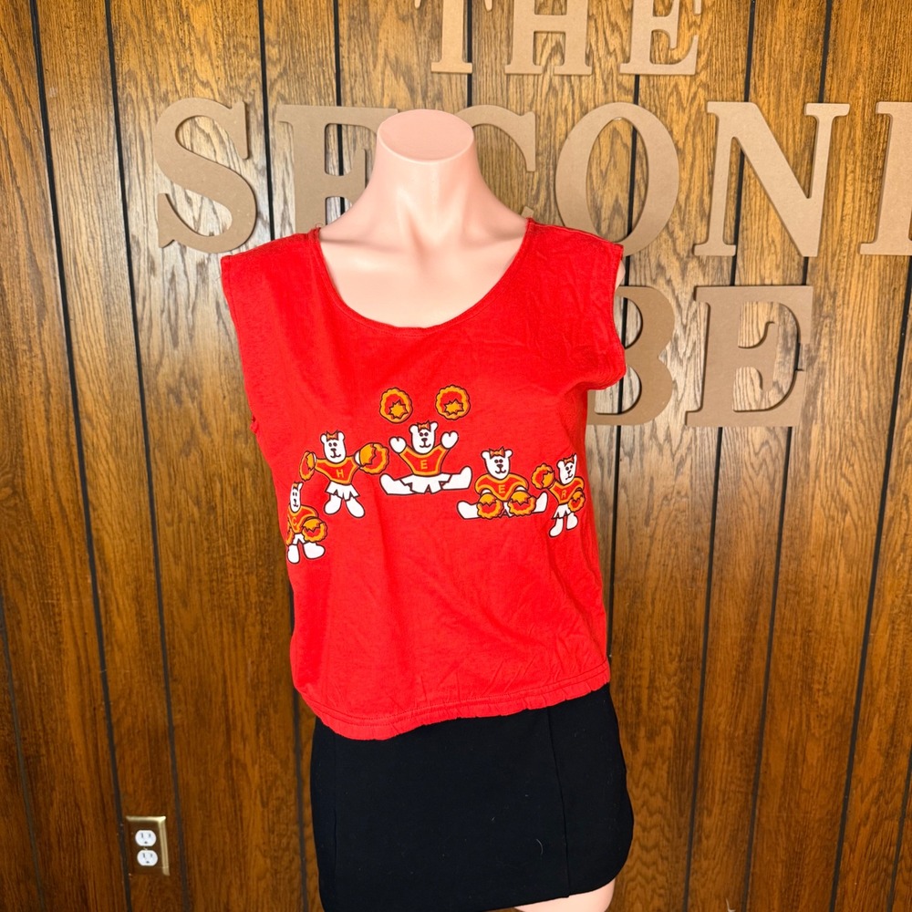 VTG Sportswear Sleeveless Top Wmn L Red Cheerleader Bear Graphic Tee Sporty 80s